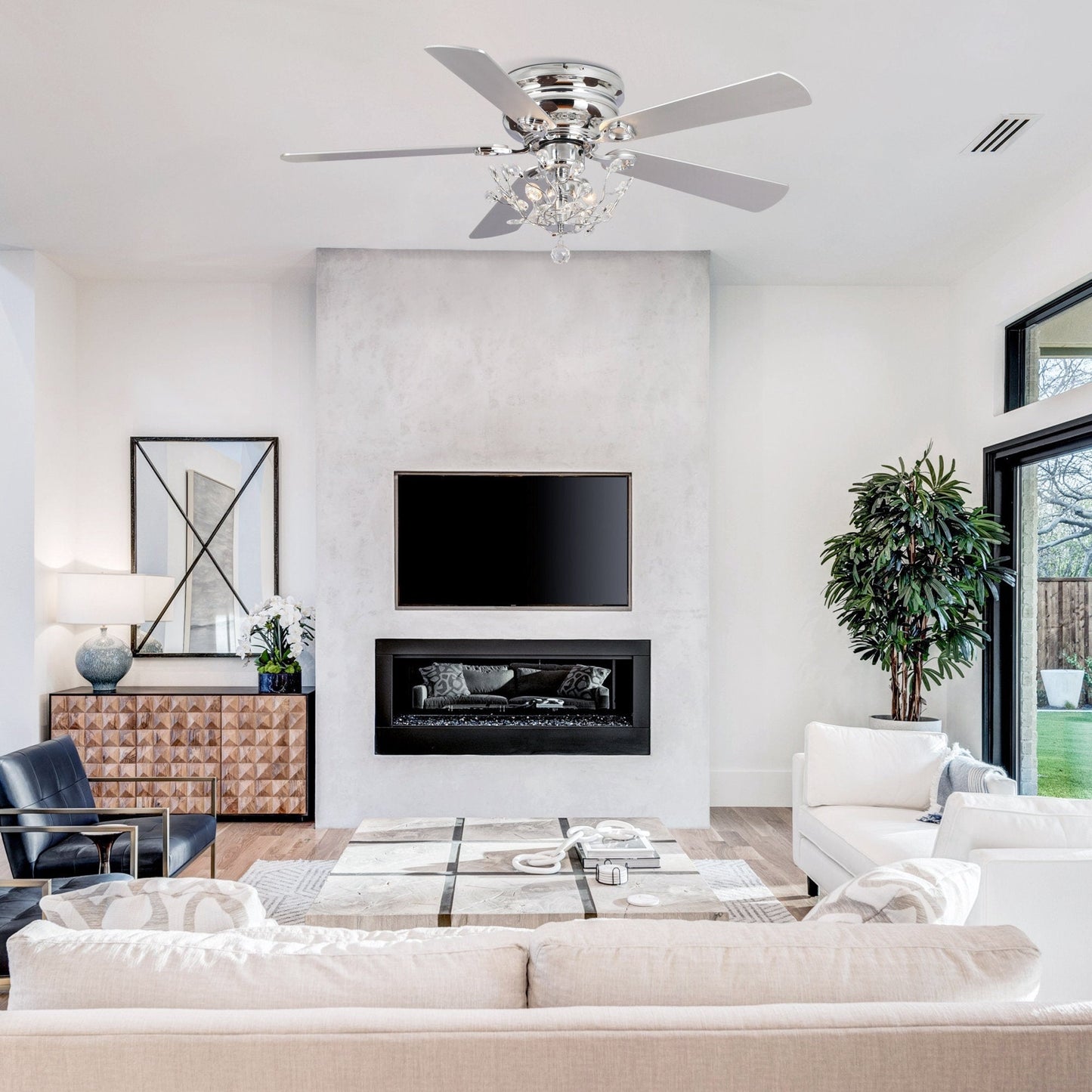 Ventilateur de plafond encastré moderne réversible à 5 pales en cristal avec télécommande