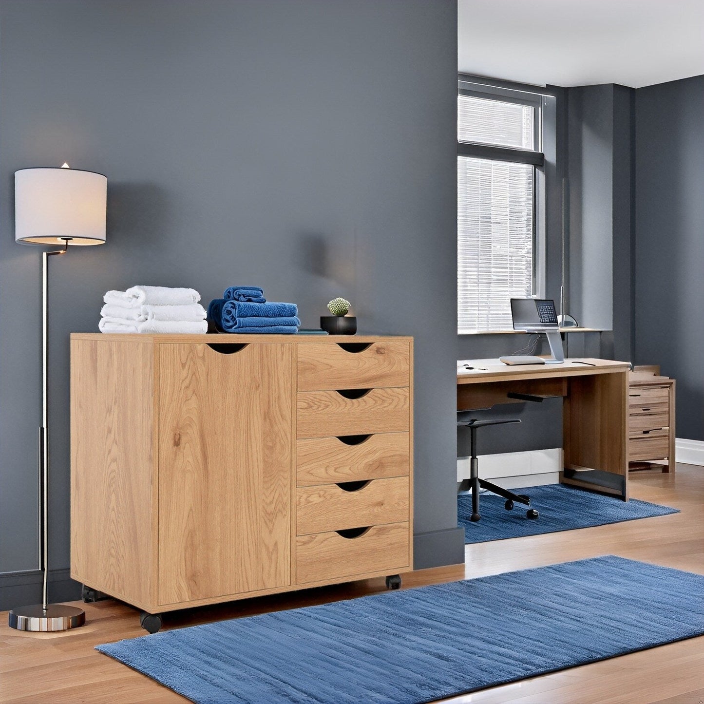 Commode de rangement en bois à 5 tiroirs avec roulettes - Meuble de rangement pour loisirs créatifs et maquillage pour dressing et chambre