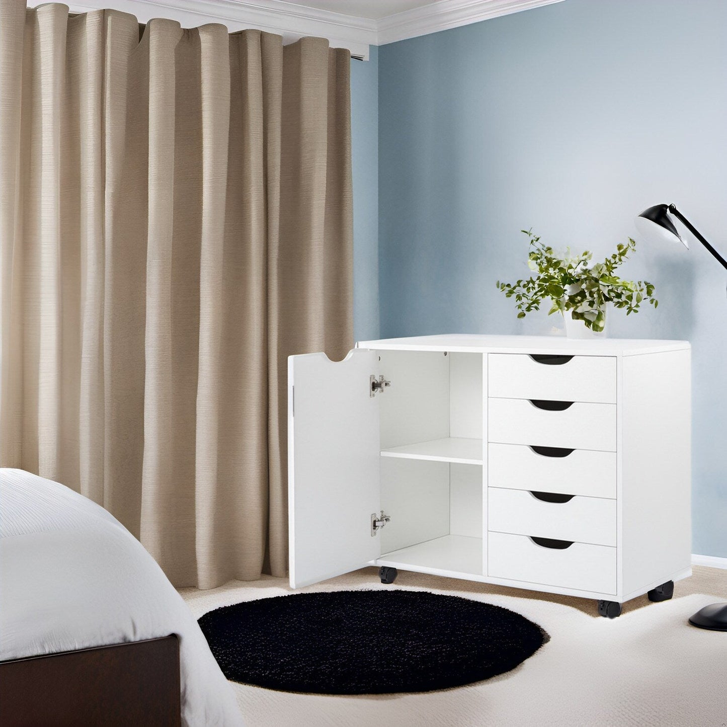 Commode de rangement en bois à 5 tiroirs avec roulettes - Meuble de rangement pour loisirs créatifs et maquillage pour dressing et chambre