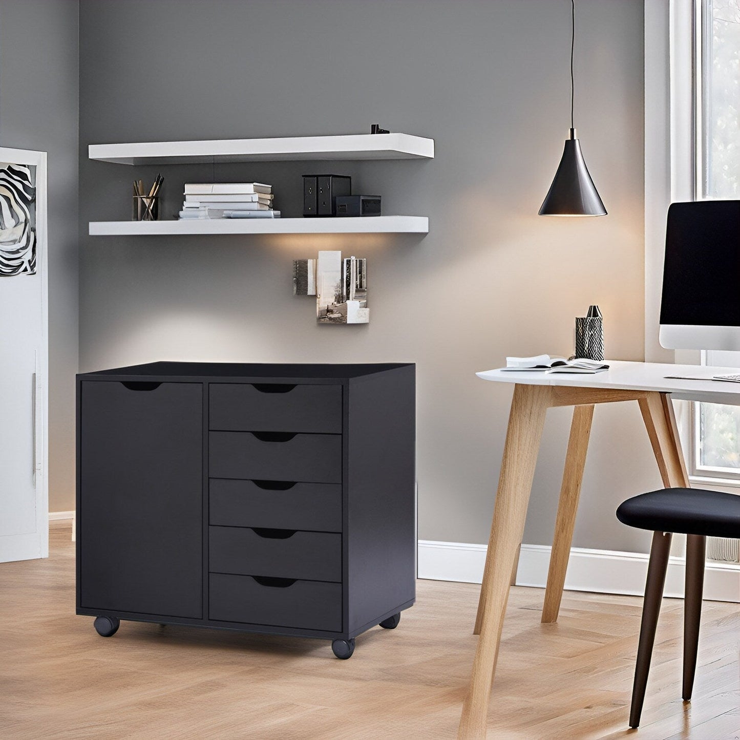 Commode de rangement en bois à 5 tiroirs avec roulettes - Meuble de rangement pour loisirs créatifs et maquillage pour dressing et chambre