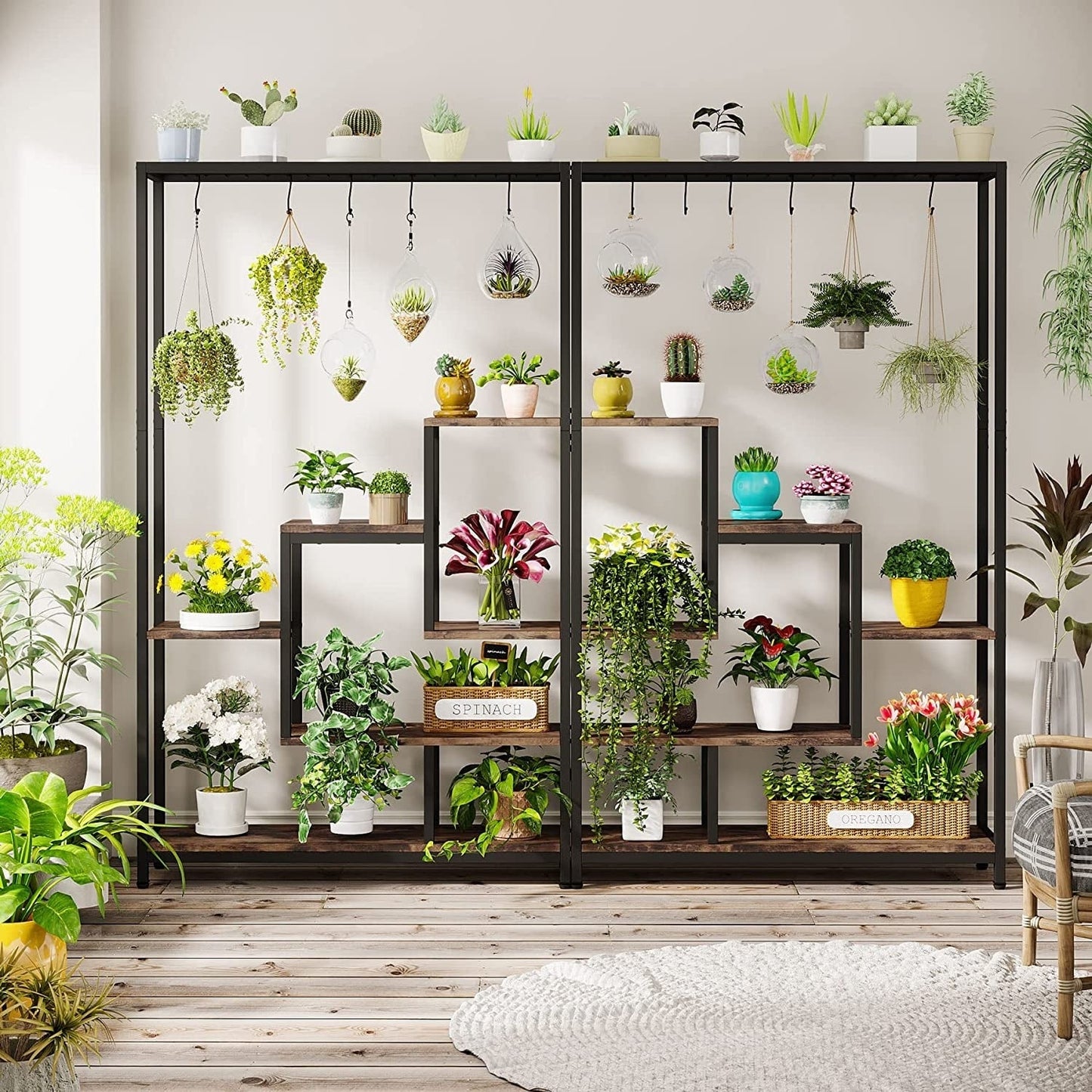 Étagère à plantes d'intérieur à 5 niveaux, hauteur 70,9 pouces, avec 10 crochets de suspension