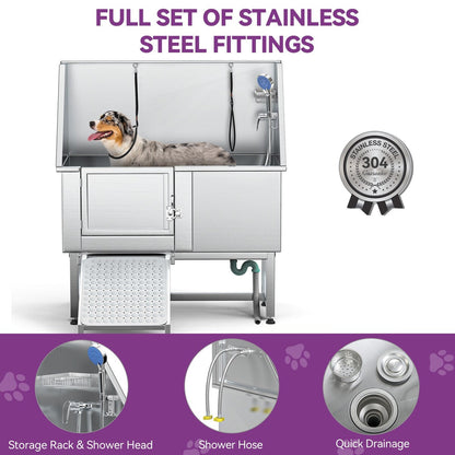 Baignoire de toilettage réglable en acier inoxydable de 50 po de largeur avec rampe et marches