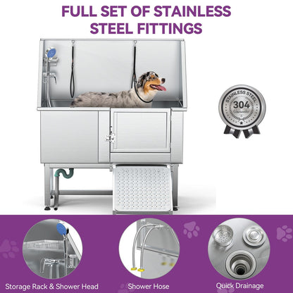 Baignoire de toilettage réglable en acier inoxydable de 50 po de largeur avec rampe et marches