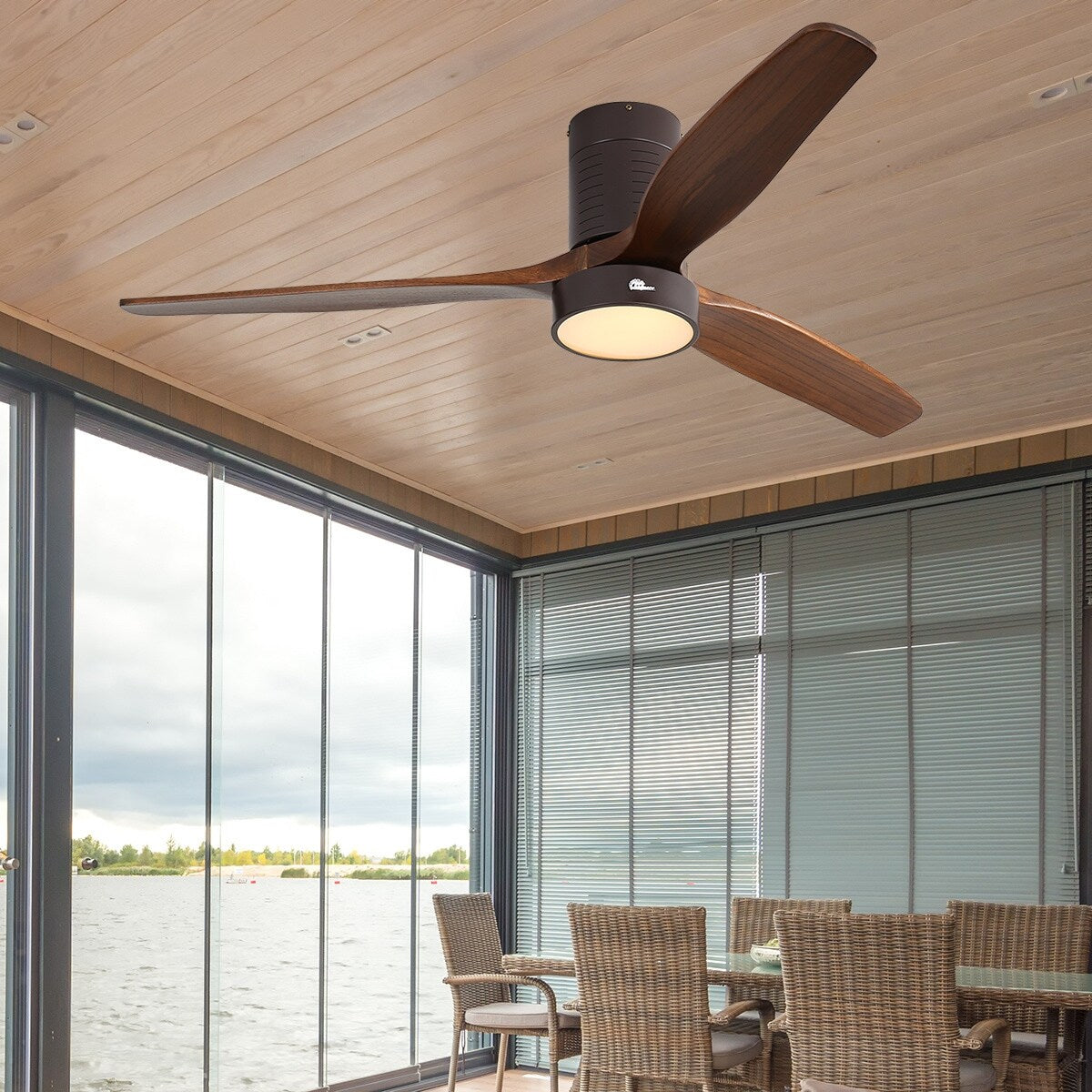 Ventilateur de plafond encastré de style campagnard de 52 pouces avec éclairage et télécommande, moteur CC réversible