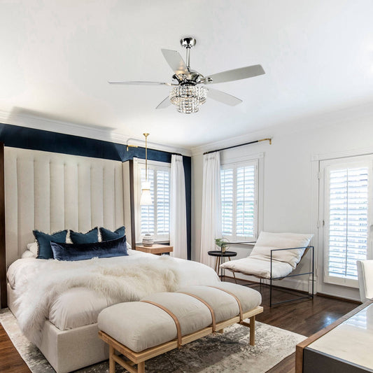 Ventilateur de plafond moderne en cristal et bois chromé de 52 pouces, 5 pales, avec télécommande