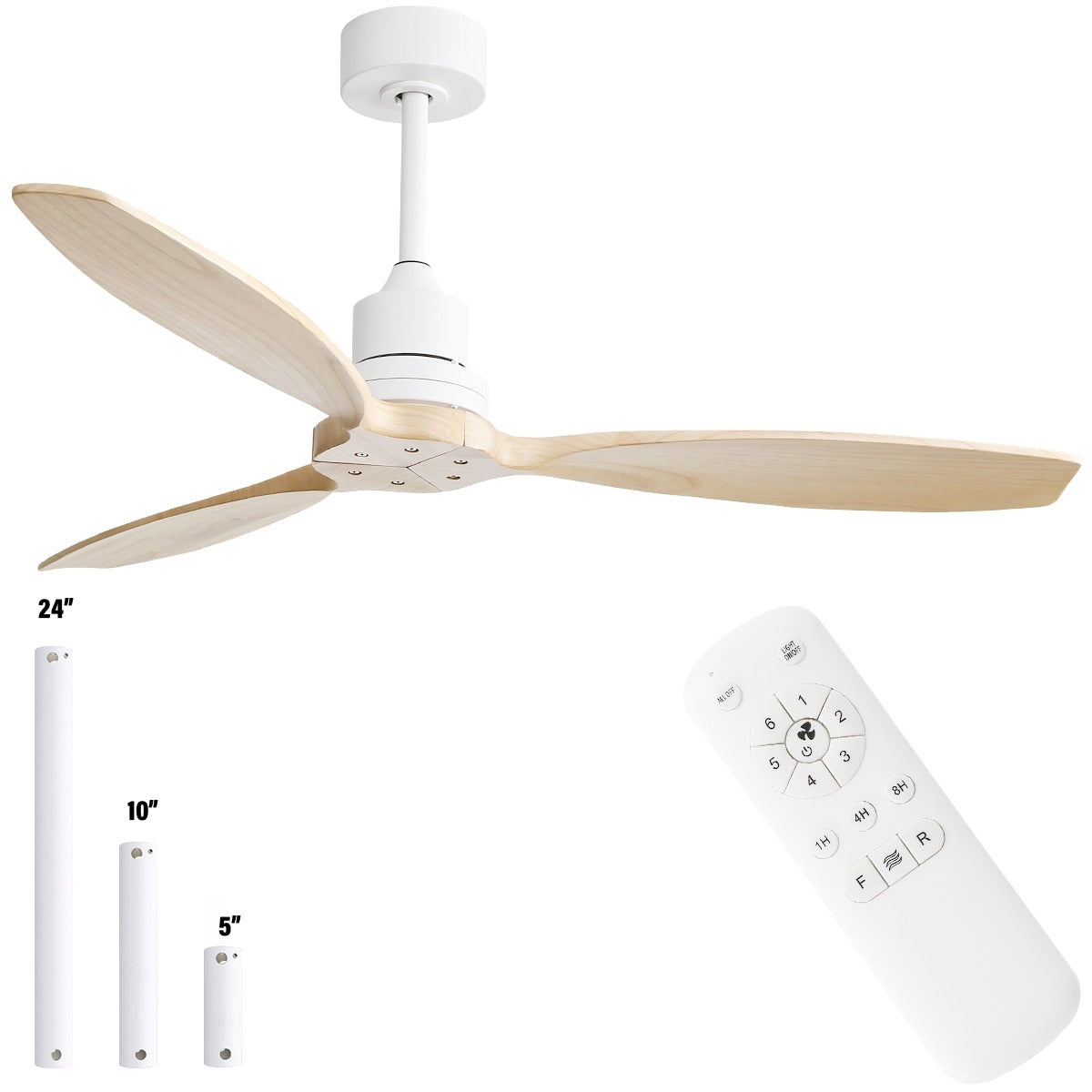 Ventilateur de plafond moderne en bois massif/ABS de 52 pouces avec télécommande (sans lumière), 6 vitesses de vent, flux d'air réversible