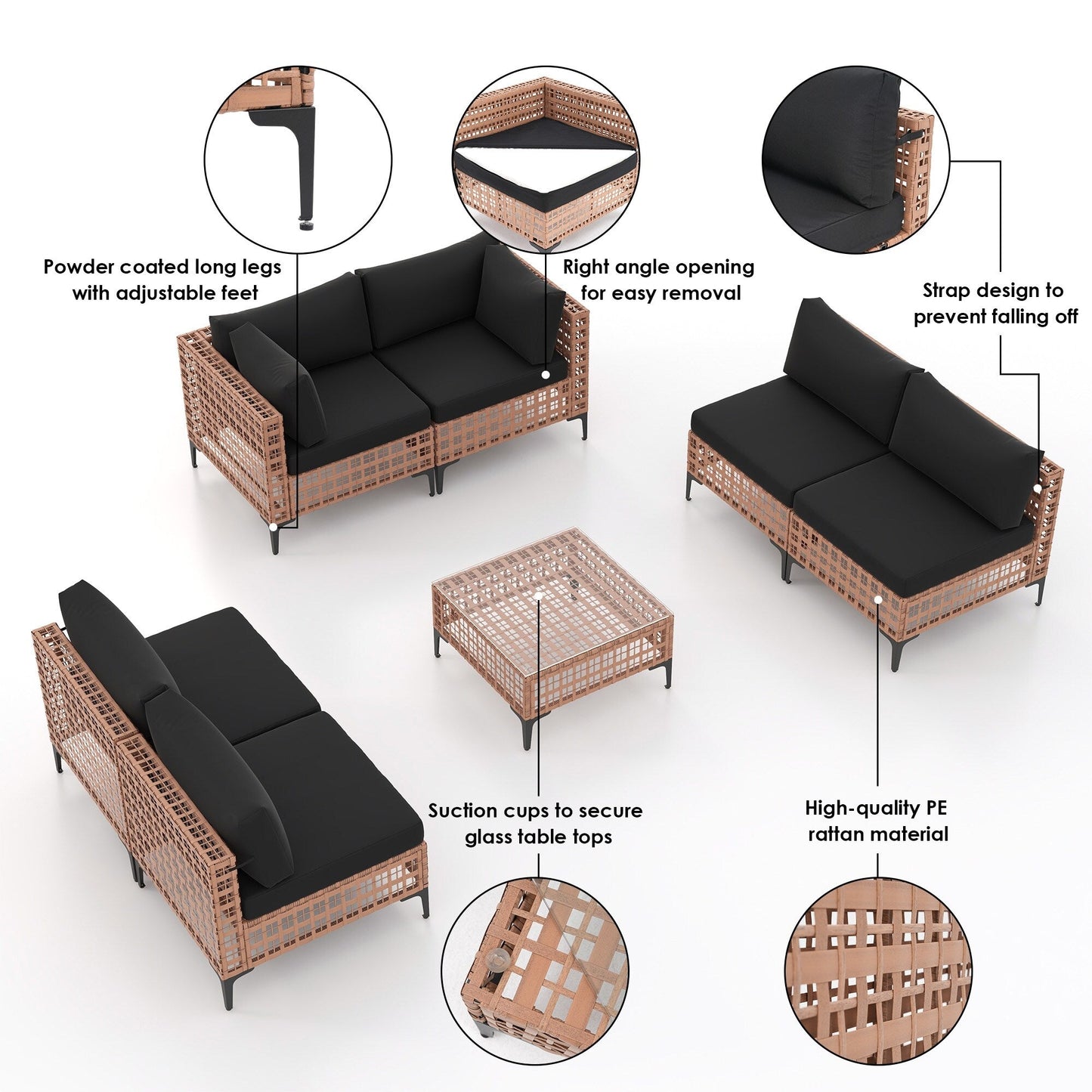 Ensemble de sièges d'extérieur sectionnels pour 6 personnes avec coussins