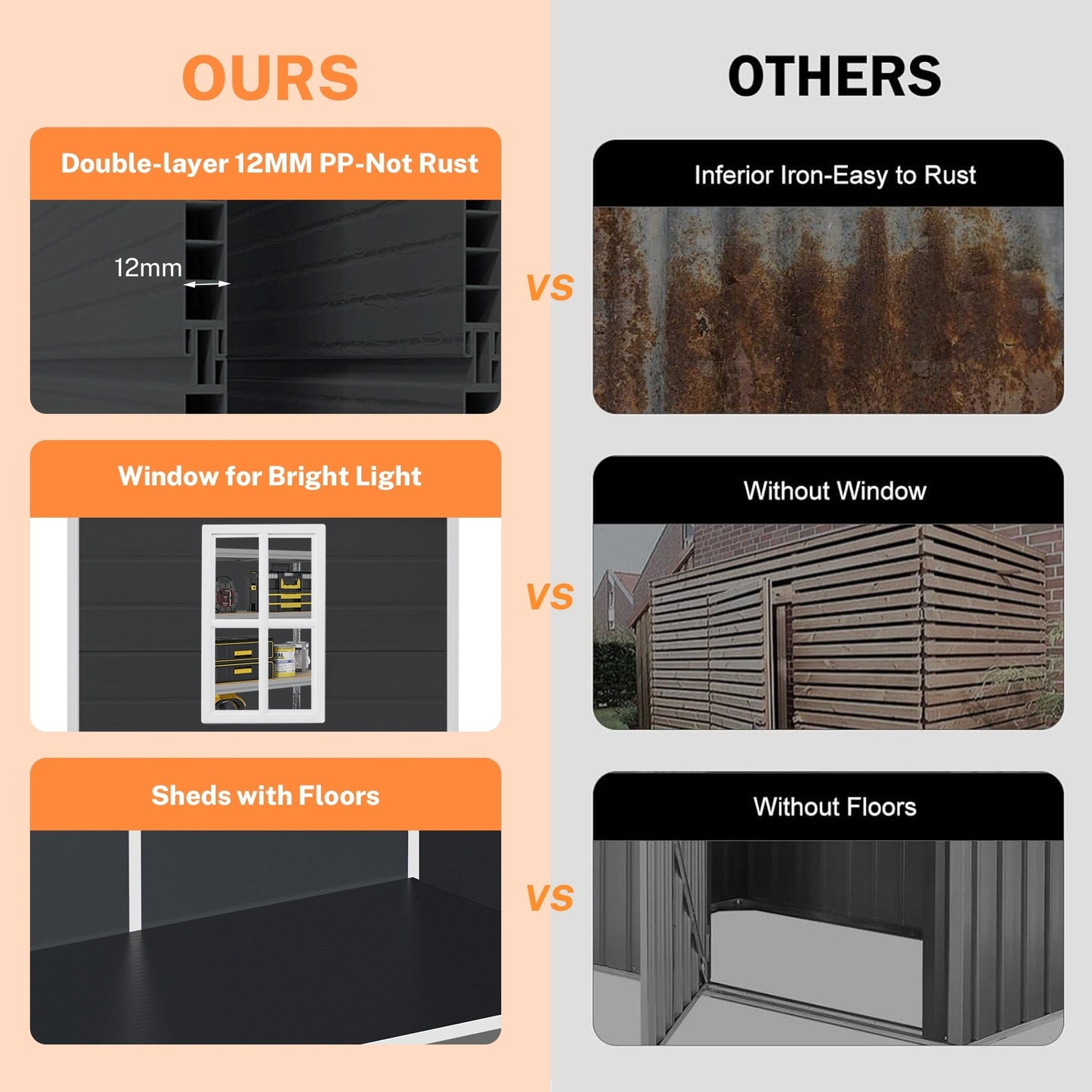 Abri de rangement extérieur en plastique et résine toutes saisons de 6 pi x 4 pi/6 pi x 8 pi/8 pi x 6 pi/8 pi x 10 pi avec plancher, abri à outils Spire