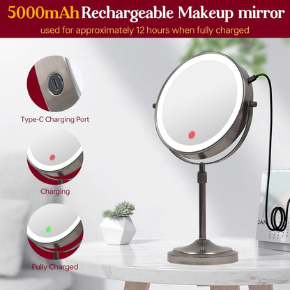 Miroir de maquillage éclairé à 9 LED, miroir grossissant double face avec grossissement 1X/10x, 3 couleurs d'éclairage