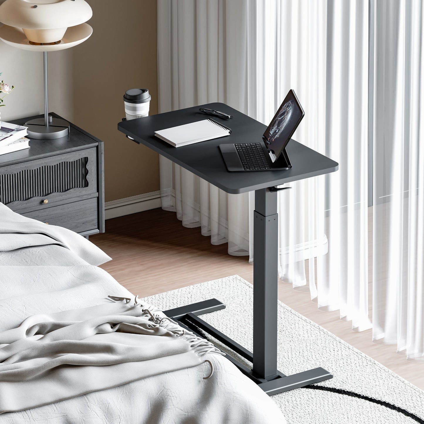 Table d'ordinateur portable mobile FunniHomi 28/32, réglable en hauteur, avec roulettes, blanc/noir, pour lit et canapé