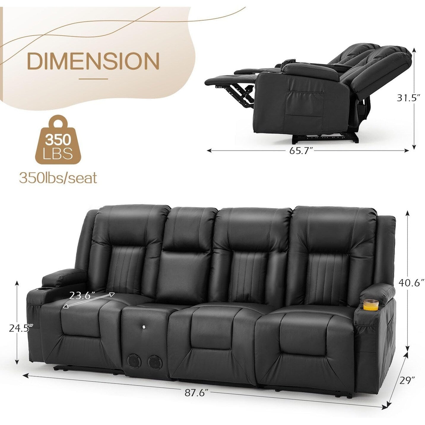Canapé inclinable manuel AECOJOY pour camping-car, siège de cinéma maison en polyuréthane avec console