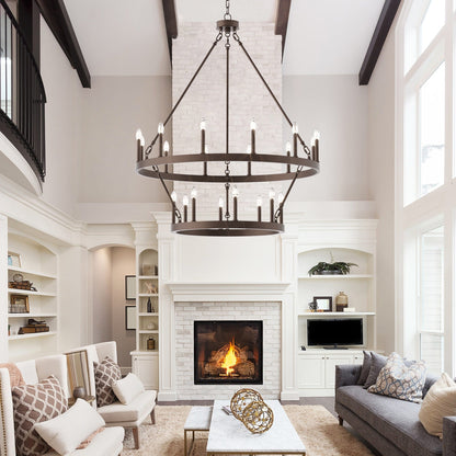 Lustre rond en forme de roue de chariot de style ferme moderne Acroma à 20 lumières de 40 po avec UL