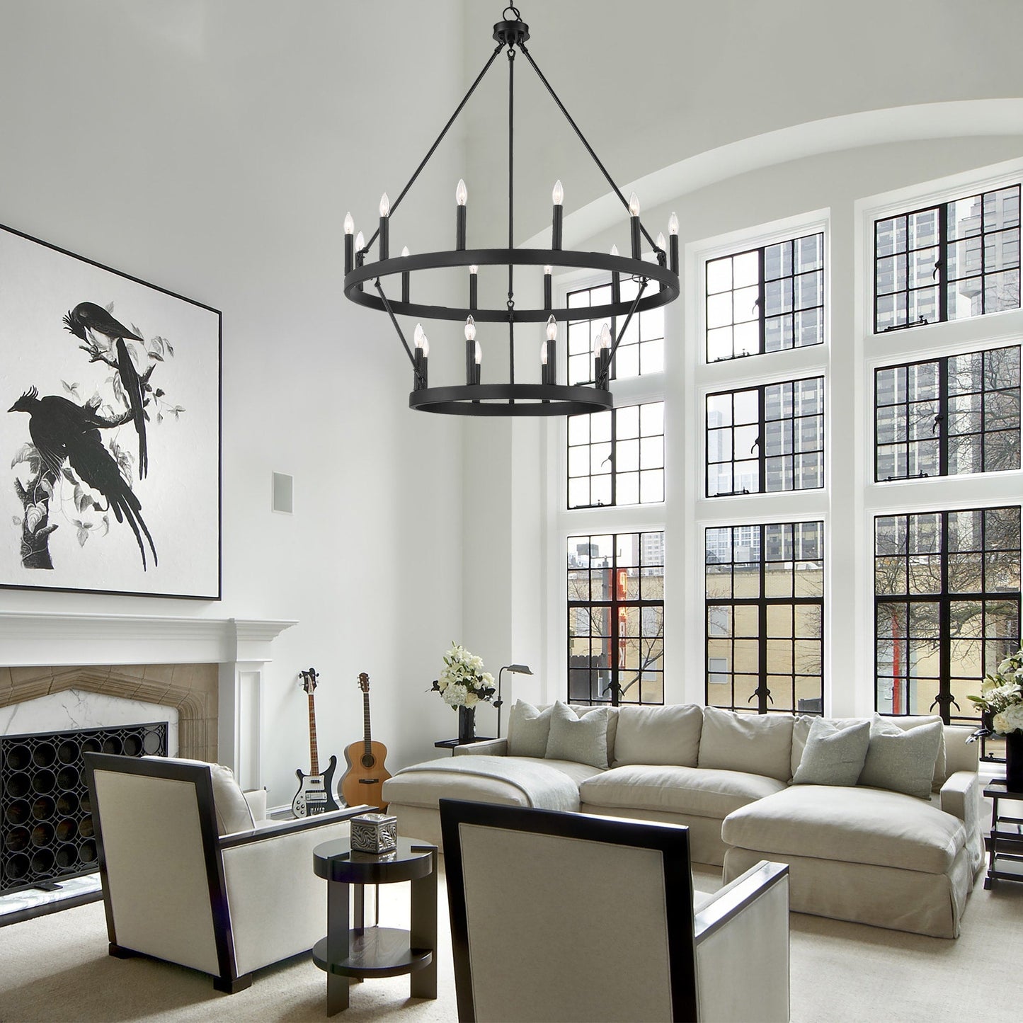 Lustre rond en forme de roue de chariot de style ferme moderne Acroma à 20 lumières de 40 po avec UL