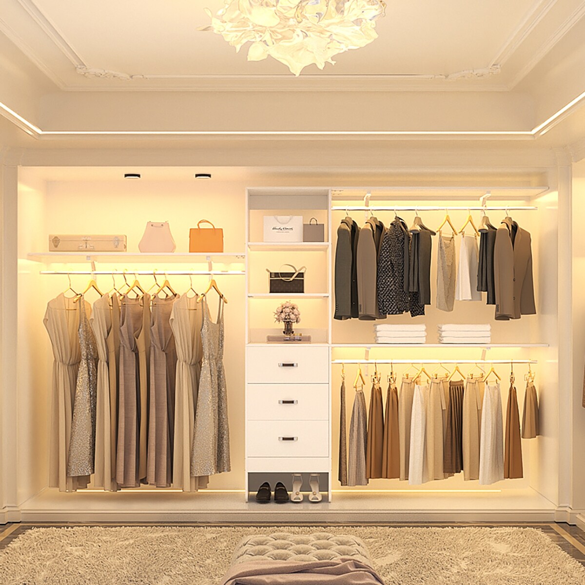 Rackcog Organiseur de placard réglable de 120 pouces avec tiroirs, système de placard avec étagères de bricolage pour placards et dressings