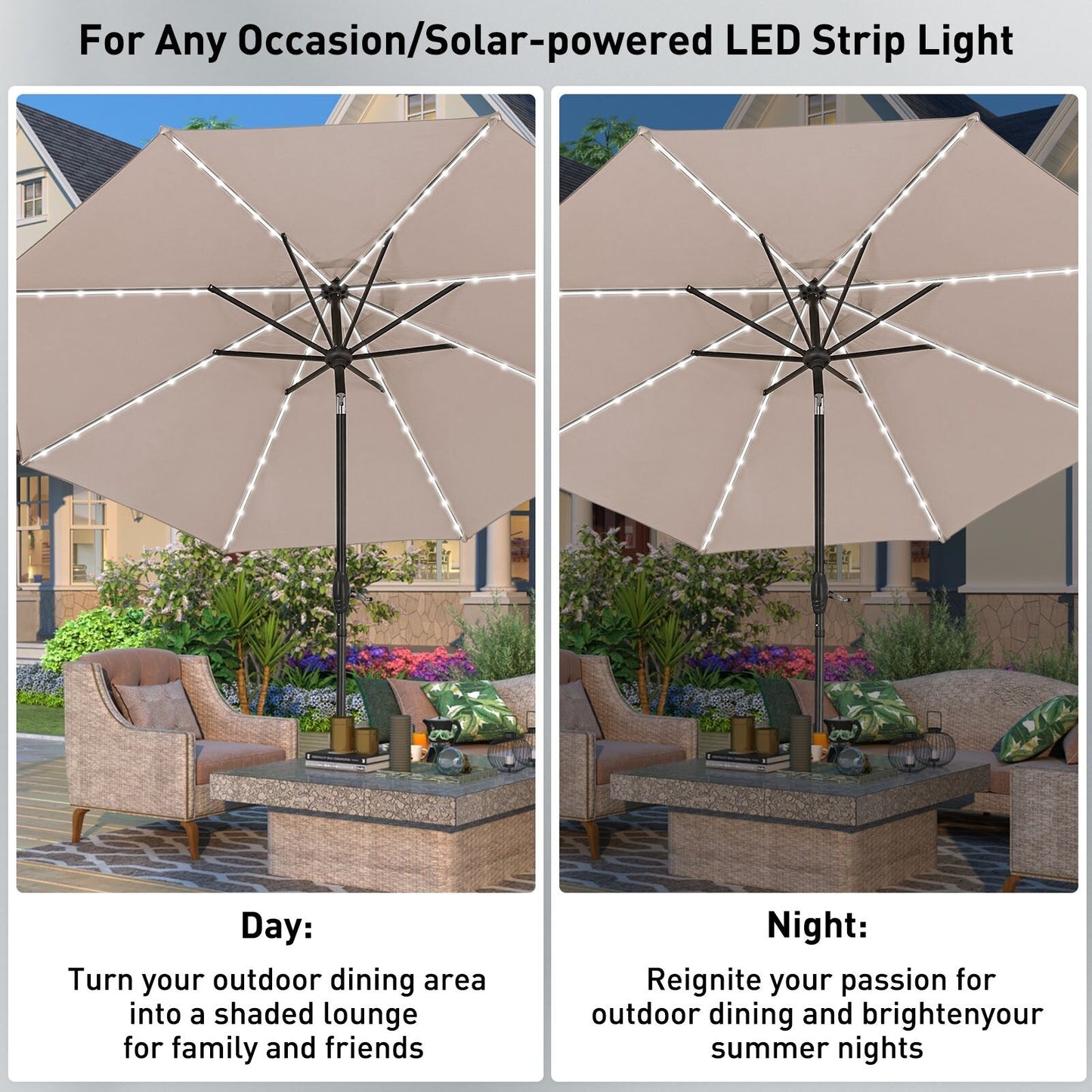 Parasol de terrasse Ainfox de 3 m avec éclairage, parasol solaire d'extérieur sans pied