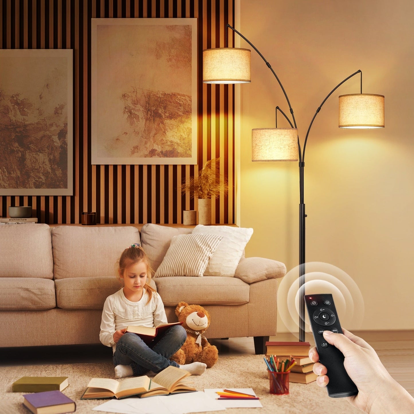 Lampadaire LED Arc à intensité variable, moderne, noir, 3 lampes, haut et arqué