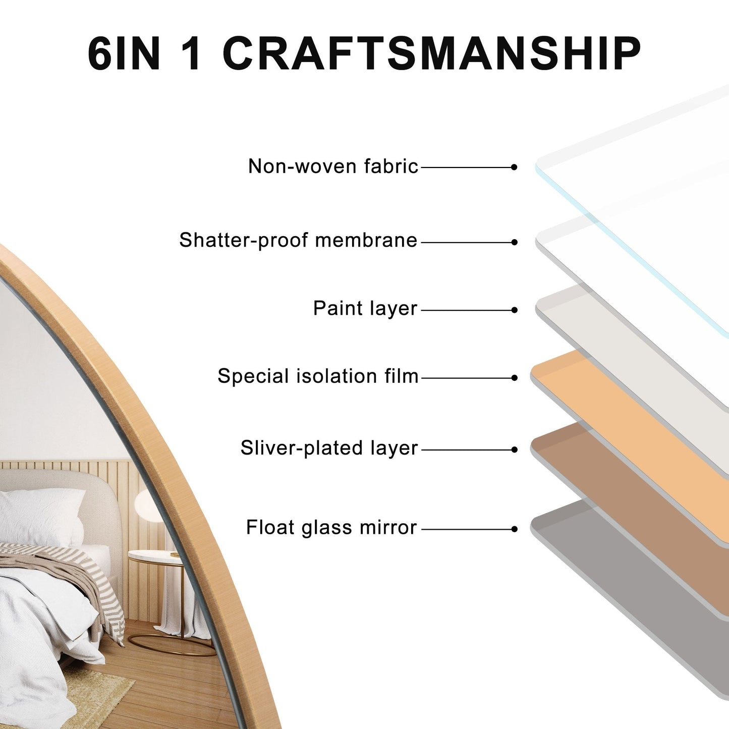 Miroir de sol en bois arqué pleine longueur, miroir mural