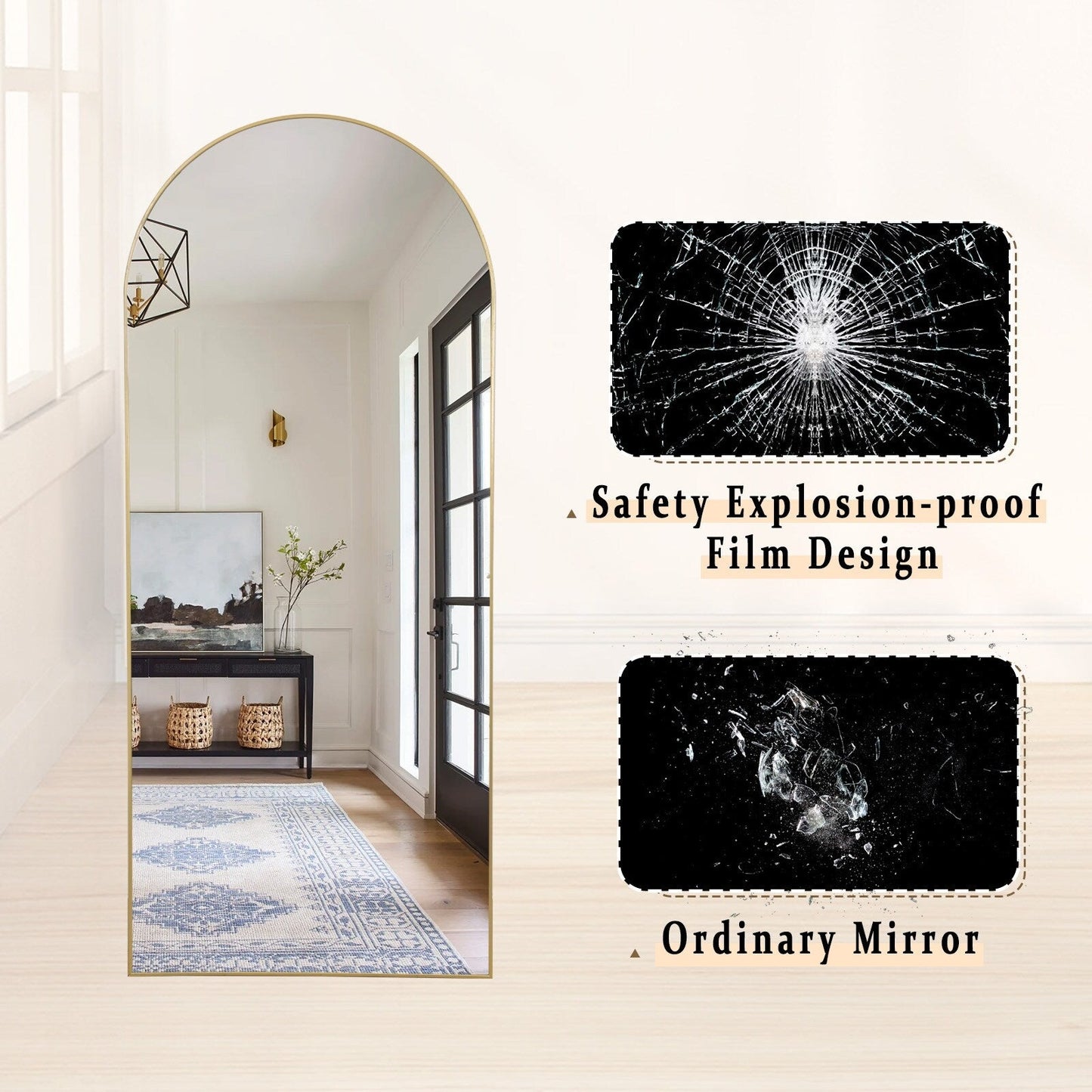 Miroir sur pied en métal arqué, miroir pleine longueur, miroir mural