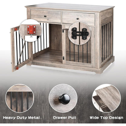 Cage pour chien Bossin de 111 cm de large, table d'appoint en bois avec tiroirs de rangement, niche décorative pour animaux de compagnie.