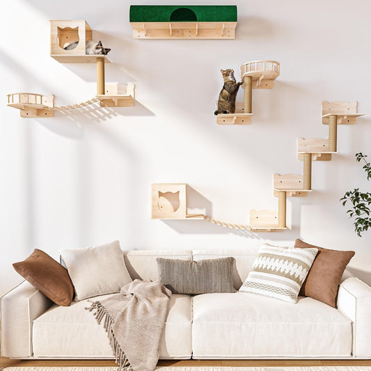 Système d'escalade mural pour chat BOSSIN 9/16/18 pièces en pin - Étagères murales avec panier, griffoir et tunnel