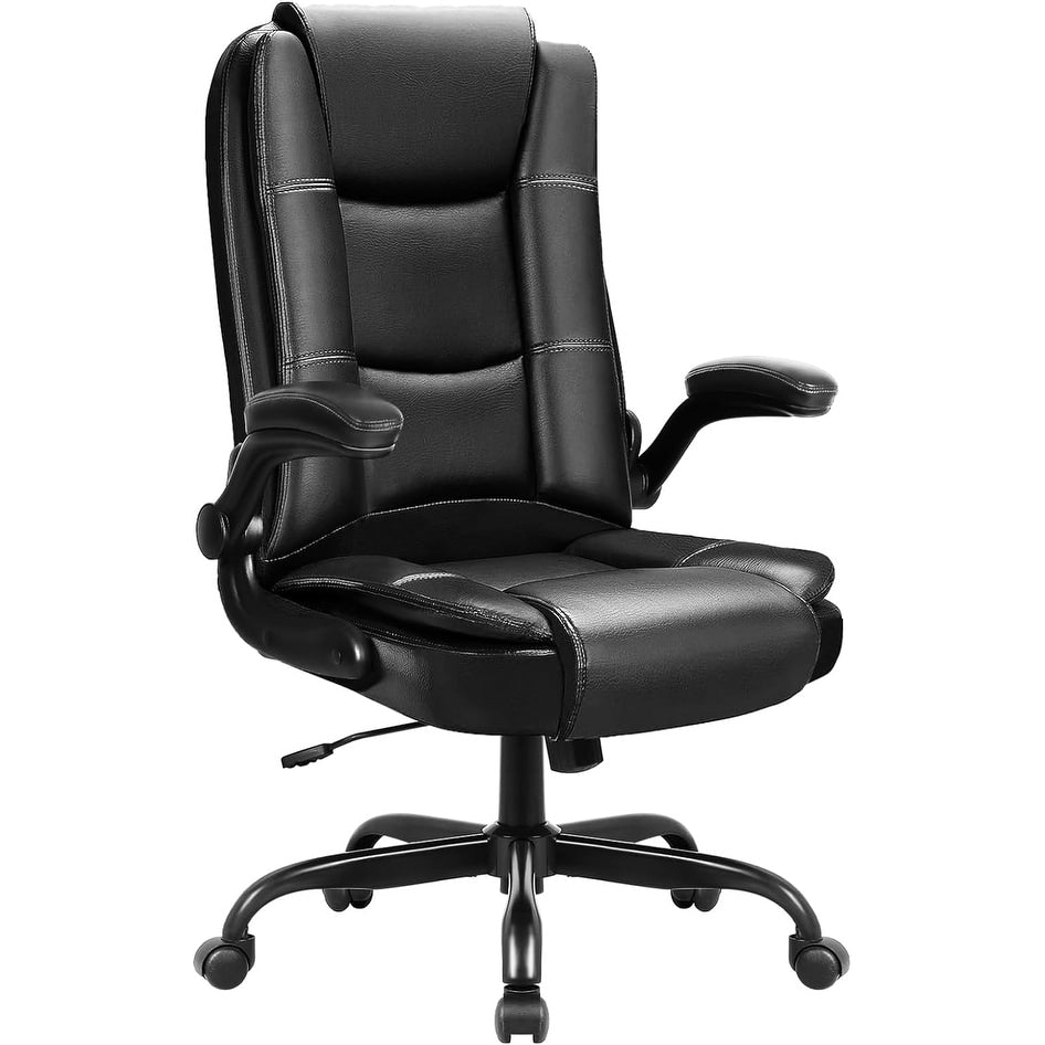 Fauteuil de bureau BOSSIN pour personnes de grande taille, ergonomique, à dossier haut, réglable en hauteur, en cuir, avec accoudoirs rembourrés et relevables.