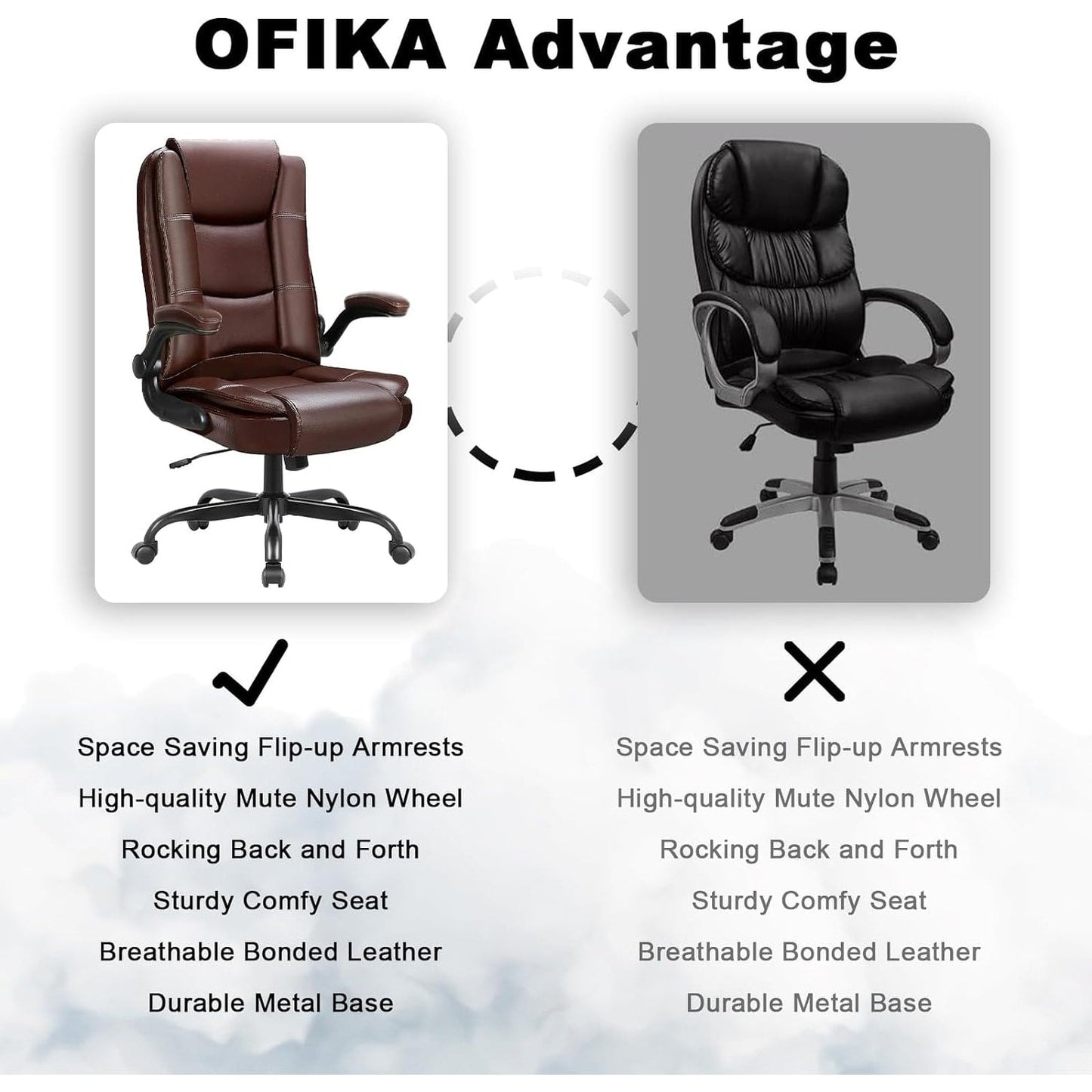 Fauteuil de bureau BOSSIN pour personnes de grande taille, ergonomique, à dossier haut, réglable en hauteur, en cuir, avec accoudoirs rembourrés et relevables.