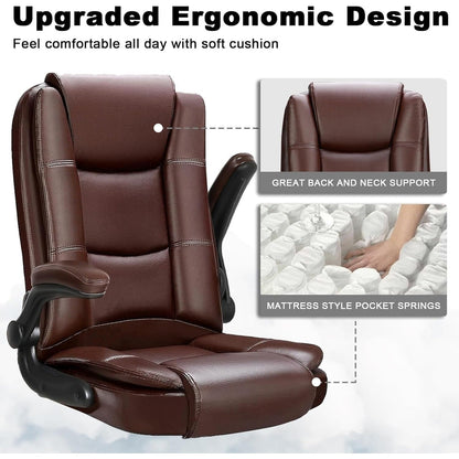 Fauteuil de bureau BOSSIN pour personnes de grande taille, ergonomique, à dossier haut, réglable en hauteur, en cuir, avec accoudoirs rembourrés et relevables.
