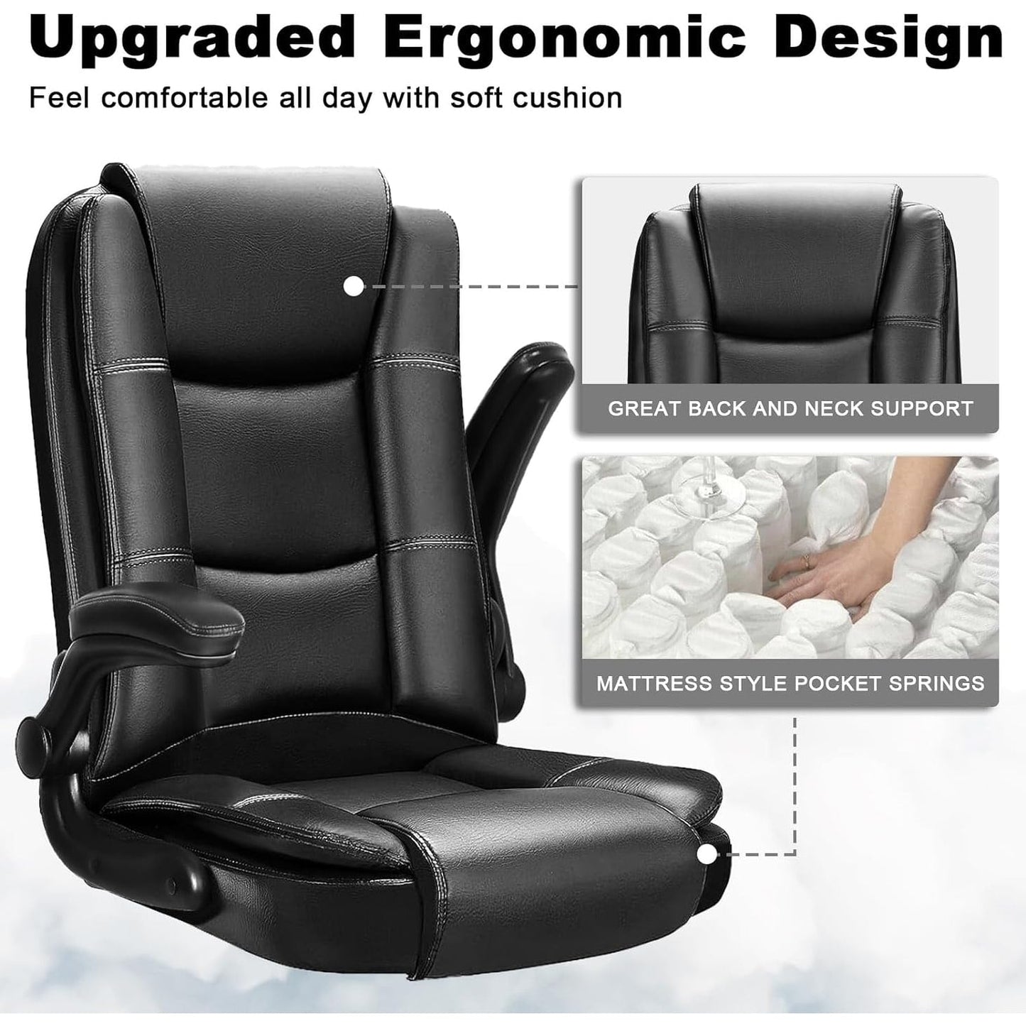 Fauteuil de bureau BOSSIN pour personnes de grande taille, ergonomique, à dossier haut, réglable en hauteur, en cuir, avec accoudoirs rembourrés et relevables.