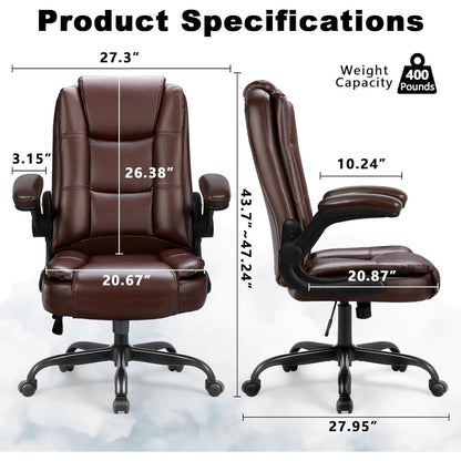 Fauteuil de bureau BOSSIN pour personnes de grande taille, ergonomique, à dossier haut, réglable en hauteur, en cuir, avec accoudoirs rembourrés et relevables.