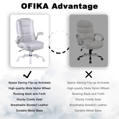 Fauteuil de bureau BOSSIN pour personnes de grande taille, ergonomique, à dossier haut, réglable en hauteur, en cuir, avec accoudoirs rembourrés et relevables.