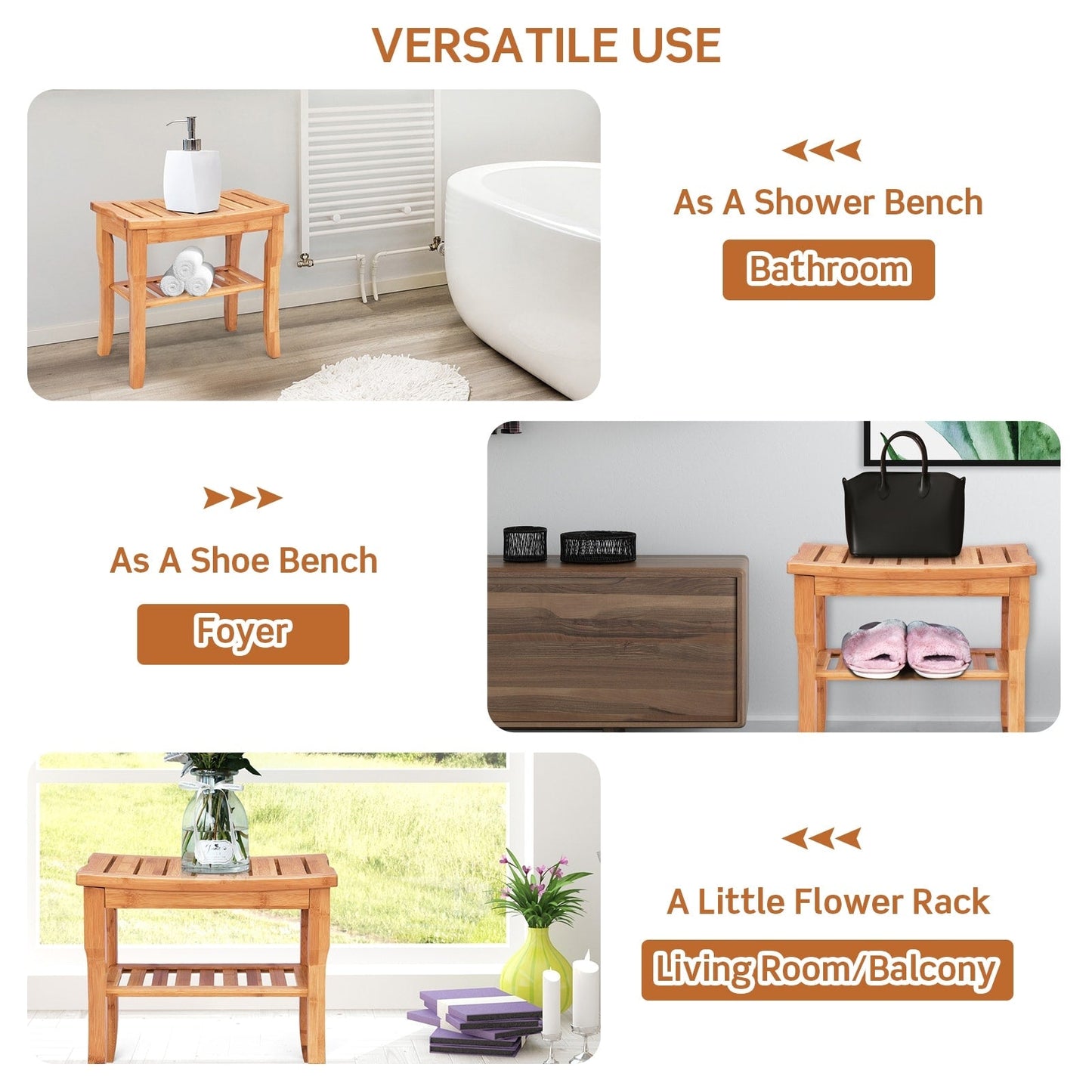Banc de douche en bambou naturel avec étagère de rangement pour salle de bain et spa - Naturel