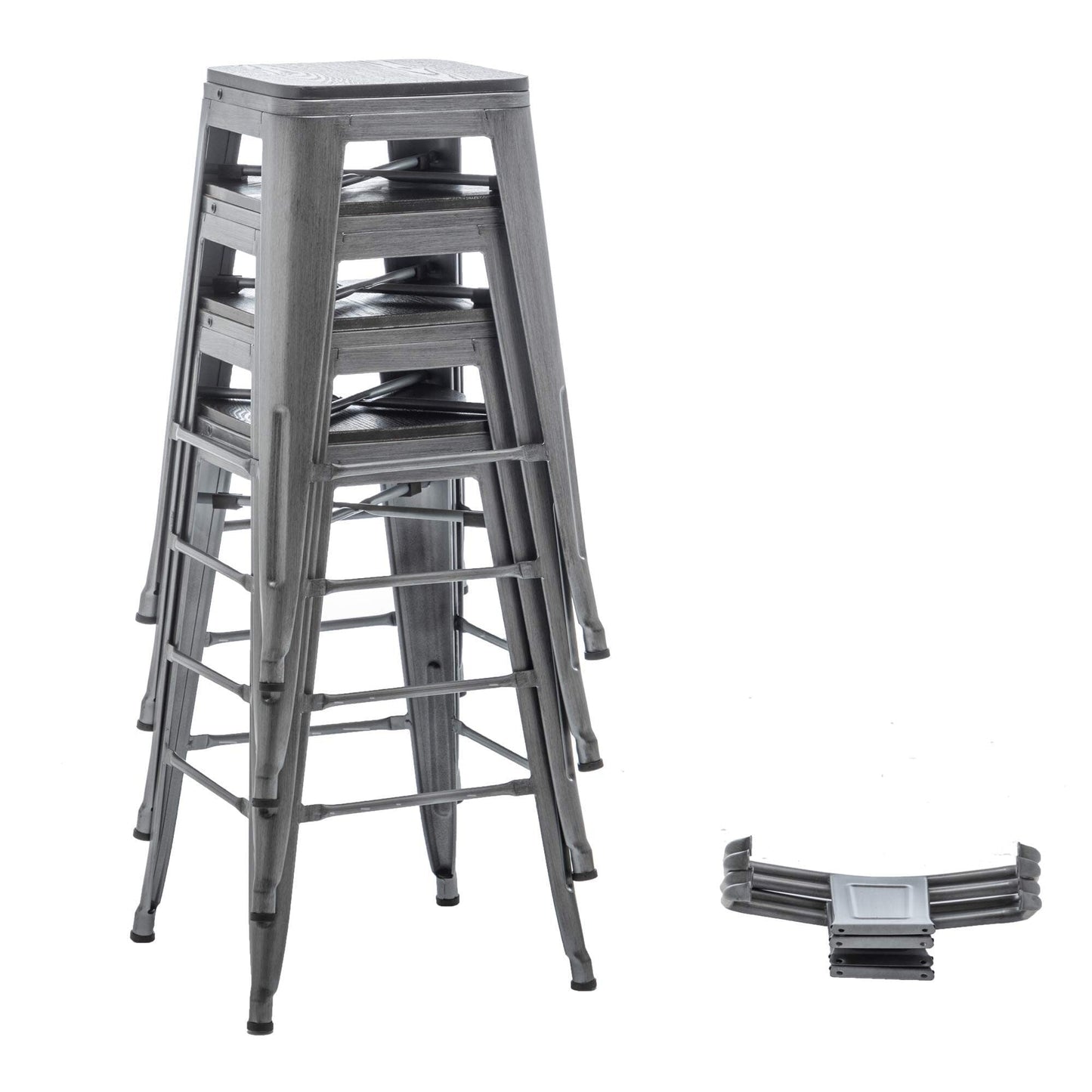 Lot de 4 tabourets de bar industriels en métal avec dossier et assise en bois