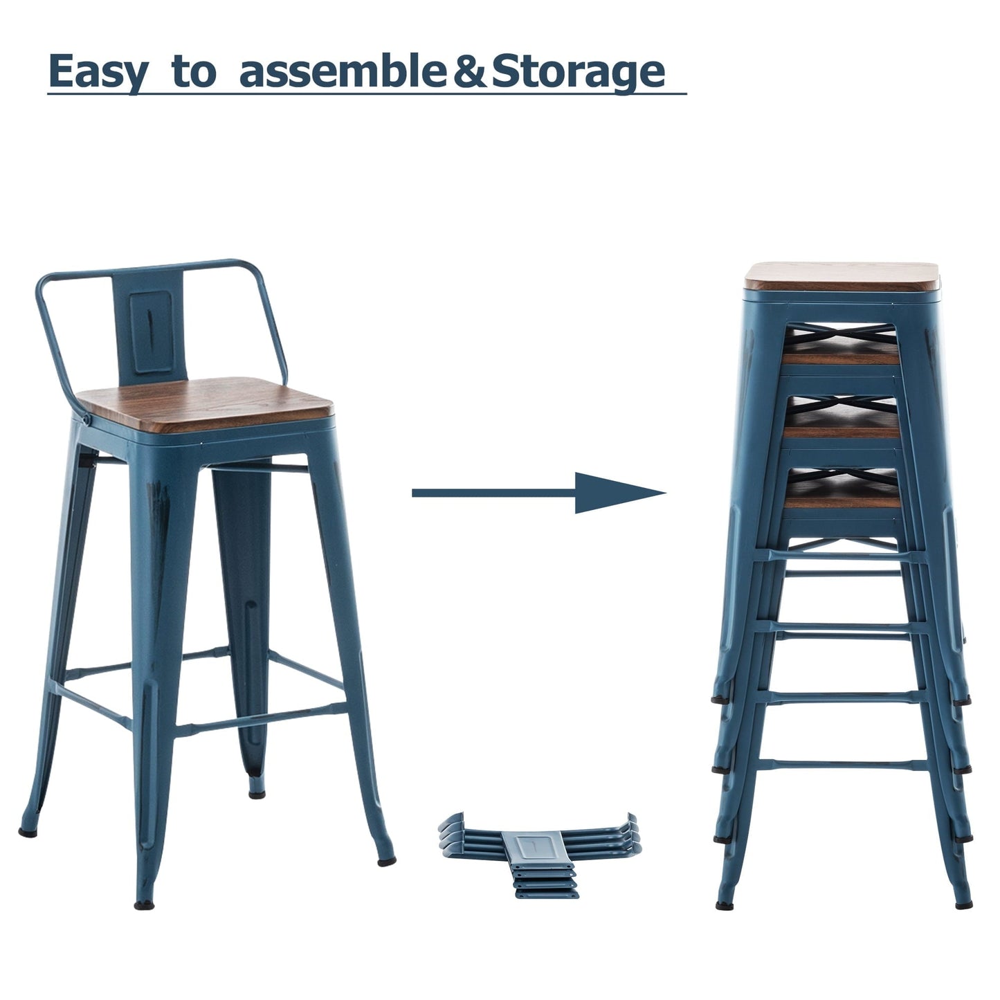 Lot de 4 tabourets de bar industriels en métal avec dossier et assise en bois