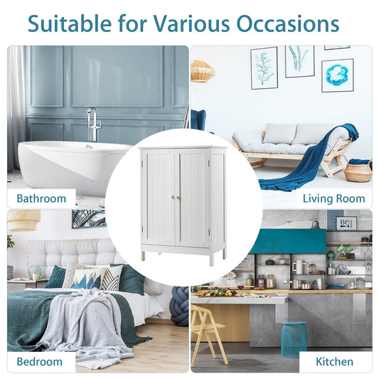 Meuble de rangement de salle de bain à double porte, avec étagère à chaussures en bois.