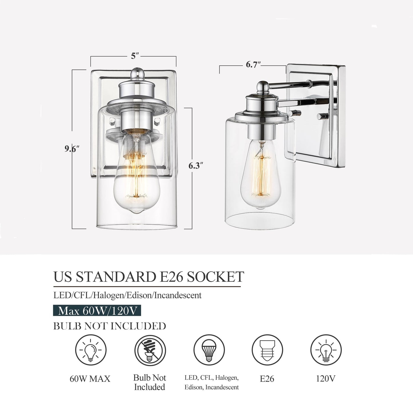 Applique murale pour salle de bain, lampe à placer au-dessus du miroir avec abat-jour en verre transparent