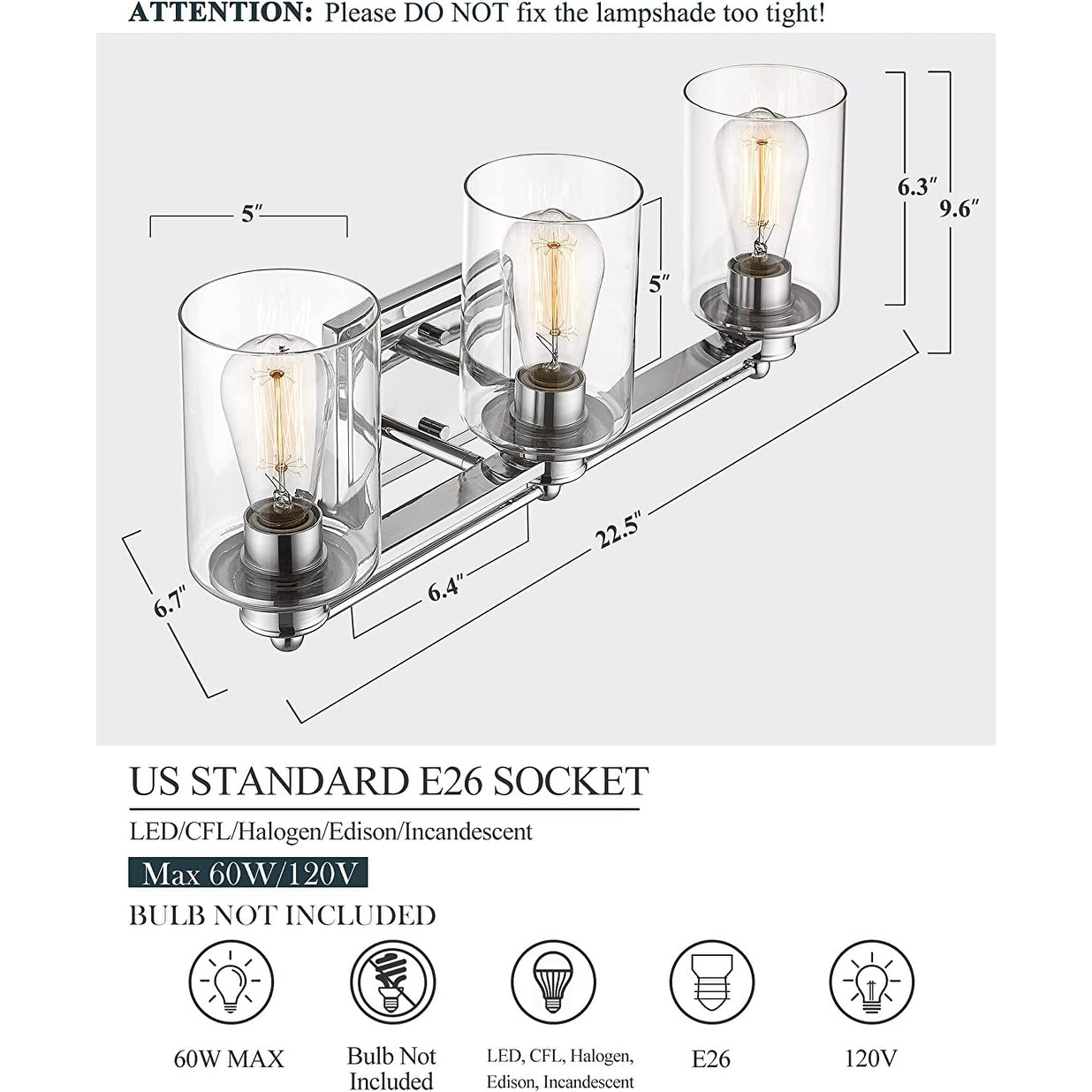 Applique murale pour salle de bain, lampe à placer au-dessus du miroir avec abat-jour en verre transparent