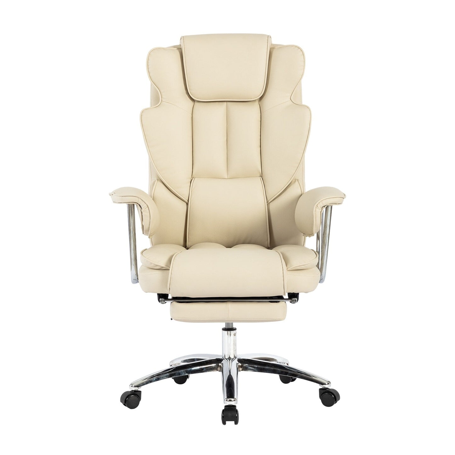 Fauteuil de bureau ergonomique pivotant à 360° en cuir reconstitué beige, dossier haut, soutien lombaire, repose-pieds et hauteur réglable.