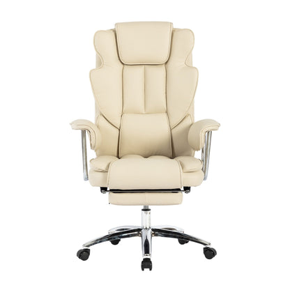 Fauteuil de bureau ergonomique pivotant à 360° en cuir reconstitué beige, dossier haut, soutien lombaire, repose-pieds et hauteur réglable.