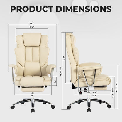 Fauteuil de bureau ergonomique pivotant à 360° en cuir reconstitué beige, dossier haut, soutien lombaire, repose-pieds et hauteur réglable.