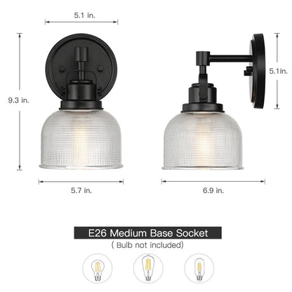 Applique murale noire pour salle de bain avec abat-jour en verre prismatique transparent