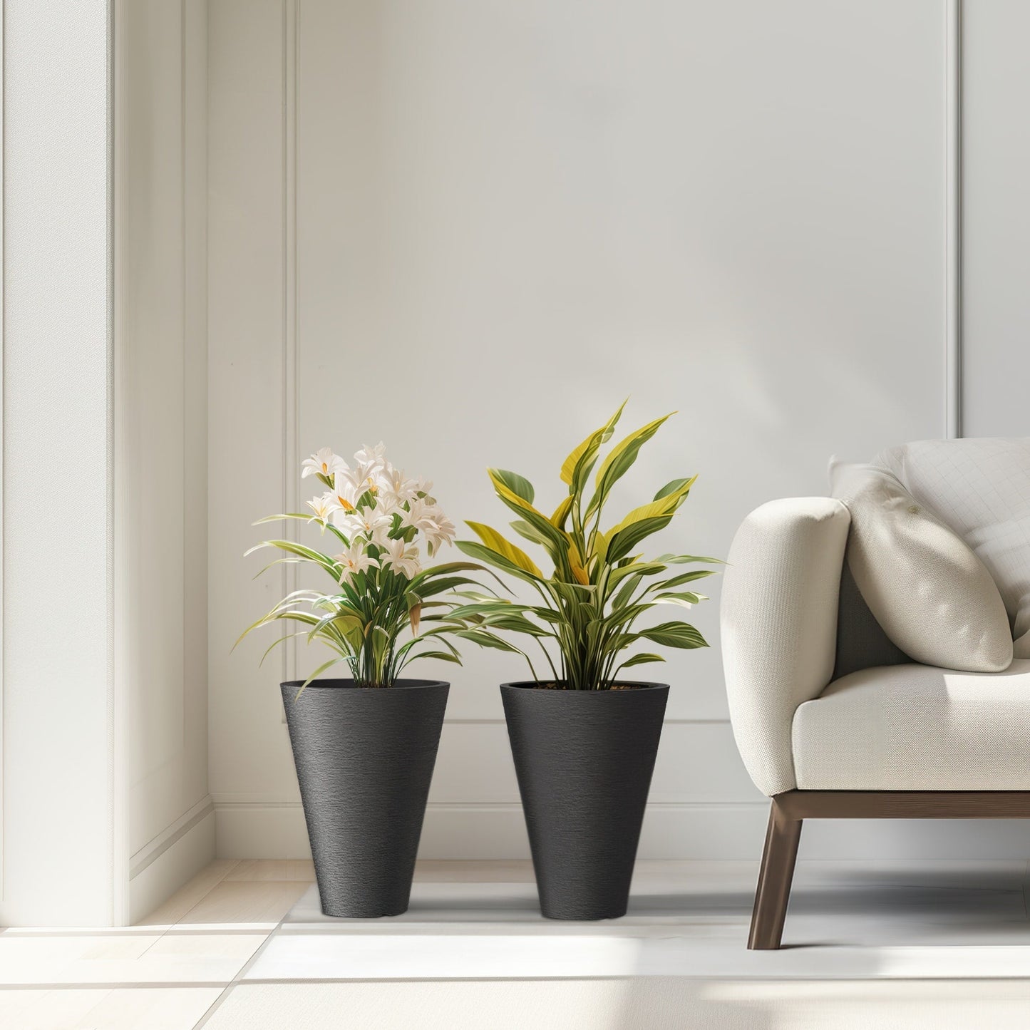 Ensemble de 2 grands pots ronds en plastique noir pour fleurs d'intérieur et d'extérieur