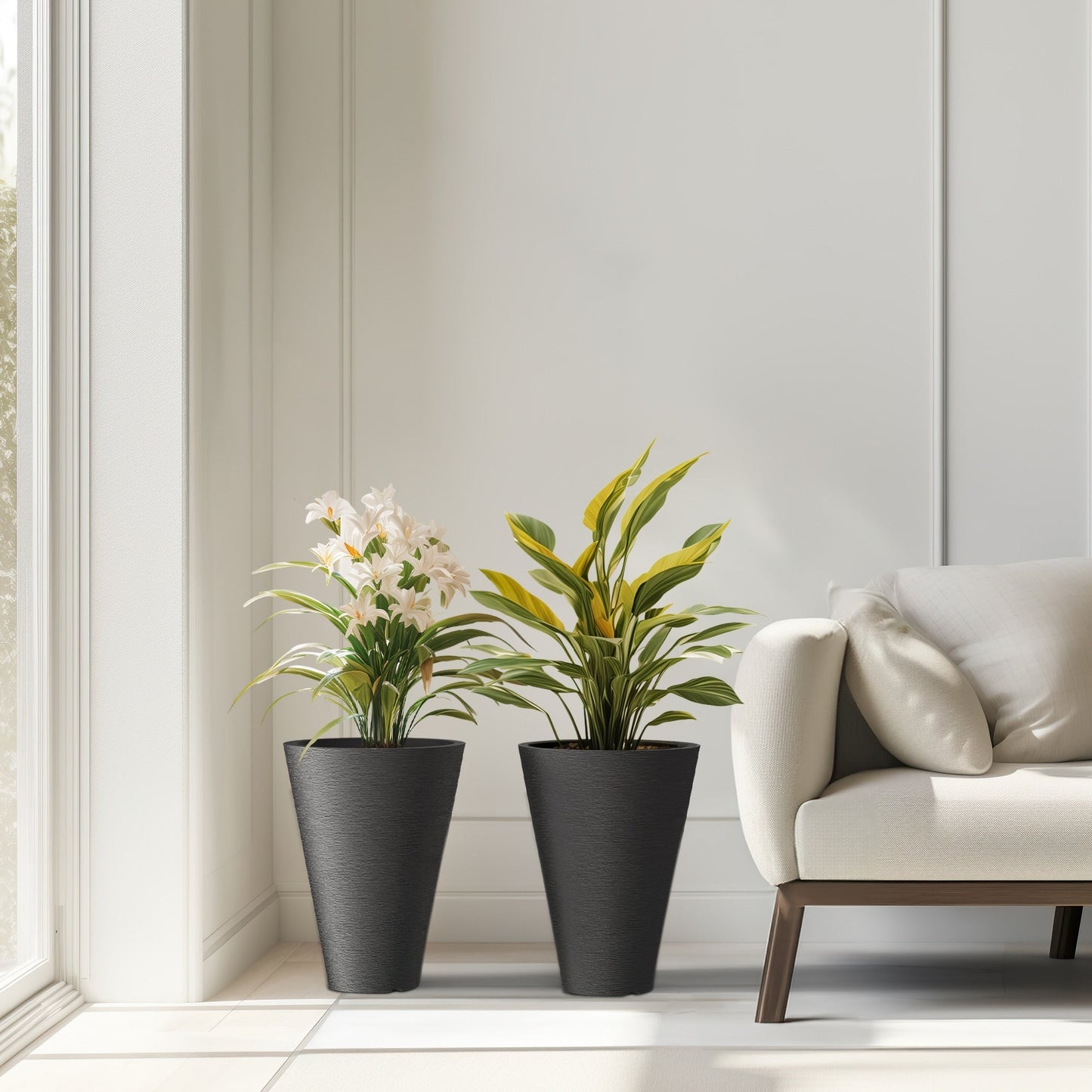 Ensemble de 2 grands pots ronds en plastique noir pour fleurs d'intérieur et d'extérieur