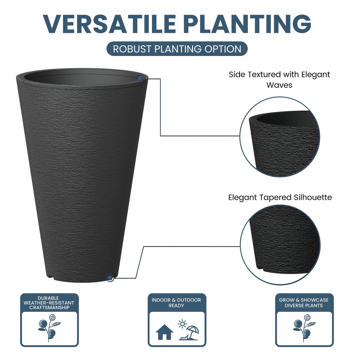 Ensemble de 2 grands pots ronds en plastique noir pour fleurs d'intérieur et d'extérieur