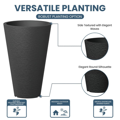 Ensemble de 2 grands pots ronds en plastique noir pour fleurs d'intérieur et d'extérieur