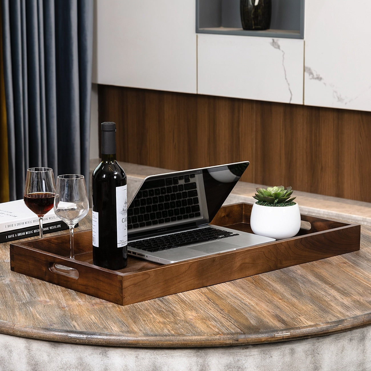 Plateau de service rectangulaire KINWELL en bois de noyer noir, style ottoman