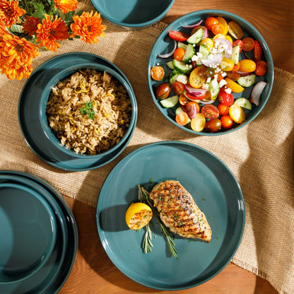 Service de table Bloomhouse Santorini Mist 16 pièces, assiettes et bols à double bol en terre cuite émaillée réactive