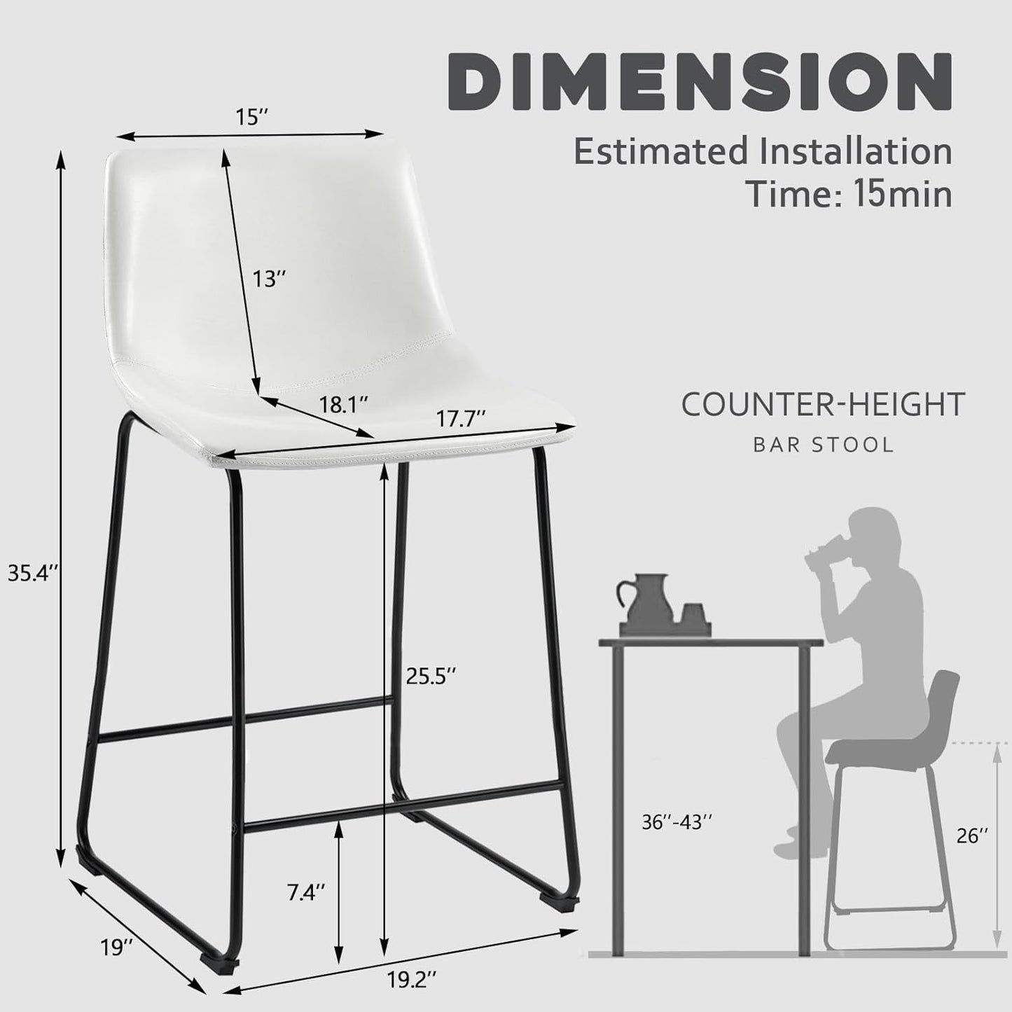 Tabourets de bar Bossin 18/26/30 pouces, tabourets de bar hauteur comptoir avec dossier, tabourets modernes en cuir PU, chaise de salle à manger avec repose-pieds