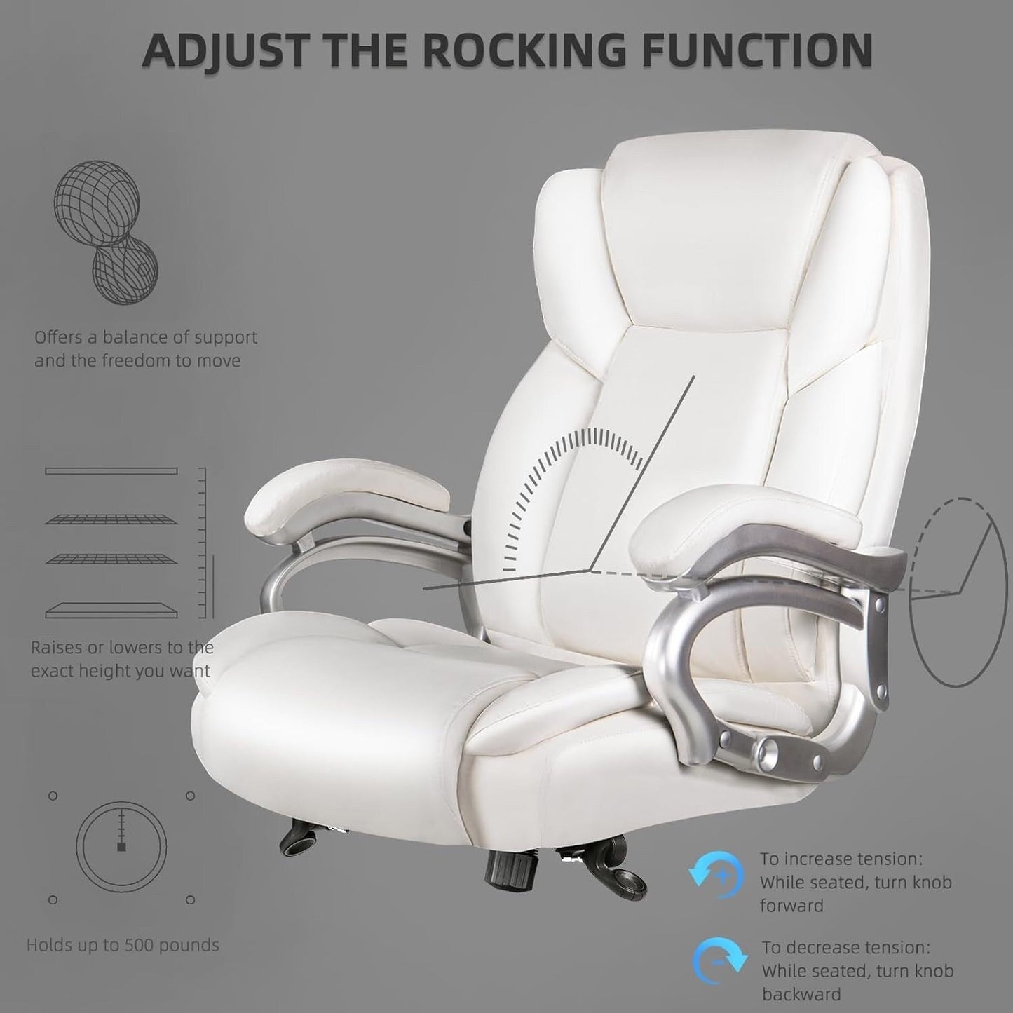 Chaise de bureau exécutive Bossin Big and Tall, chaise ergonomique à support lombaire réglable de 500 lb avec dossier haut en cuir PU pour ordinateur