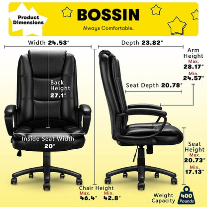 Fauteuil de bureau Bossin pour grandes tailles, dossier haut, fauteuil de direction ergonomique réglable en cuir, capacité 181 kg (400 lbs)