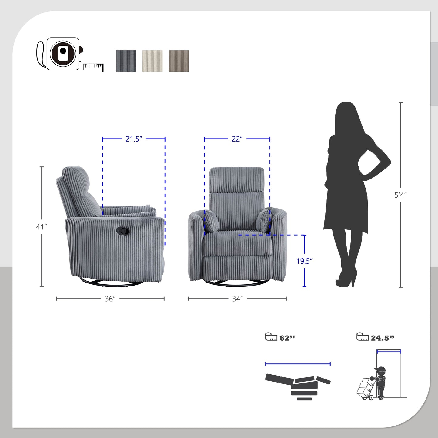 Fauteuil inclinable manuel pivotant en velours côtelé Braidy